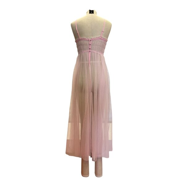 Vintage Pink Sheer Tulle Midi Dress With Ruched Bodice & Spaghetti Straps - Picture 4 of 5